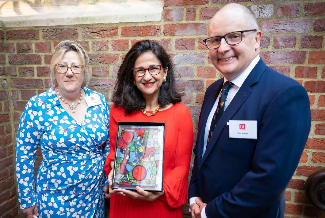 LSE Donors receiving a plaque from Baroness Minouche Shafik in June 2023