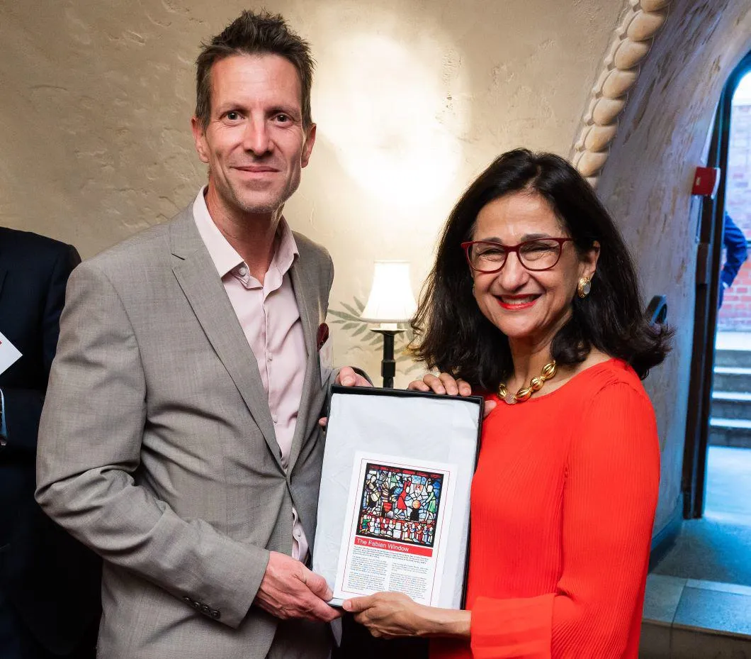 LSE Donor receiving a plaque from Baroness Minouche Shafik in June 2023