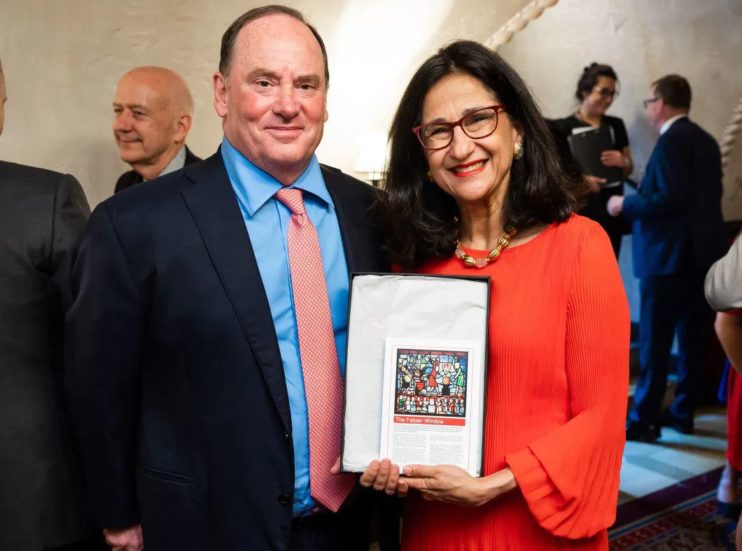 LSE Donor receiving a plaque from Baroness Minouche Shafik in June 2023