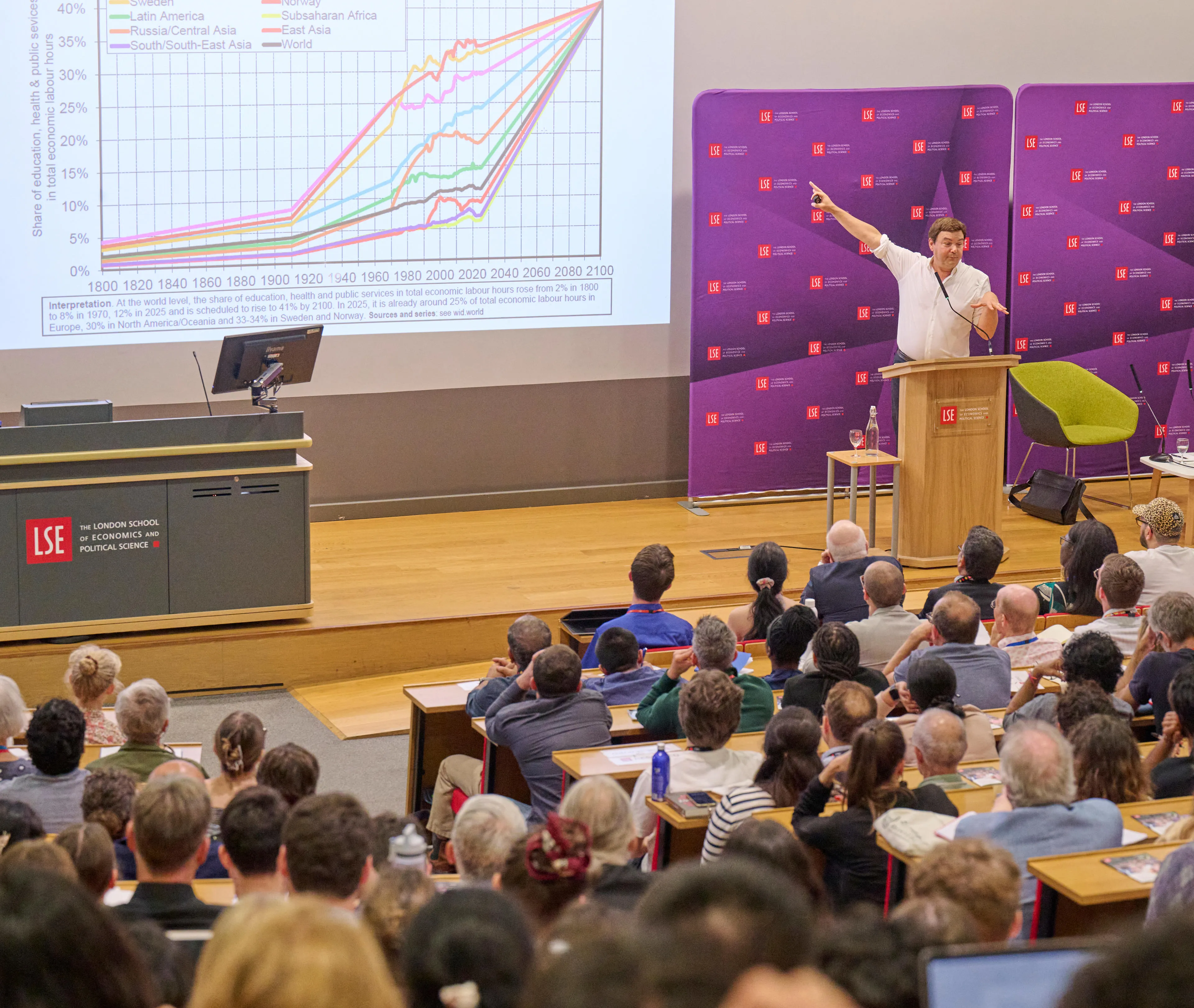LSE alumnus and economist Thomas Piketty speaks to a large crowd during the Institute's 10th anniversary event